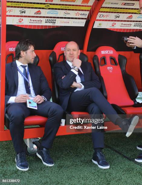 Maxwell and Antero Henrique of Paris Saint-Germain attend the Ligue 1 match between Dijon FCO and Paris Saint Germain at Stade Gaston-Gerard on...