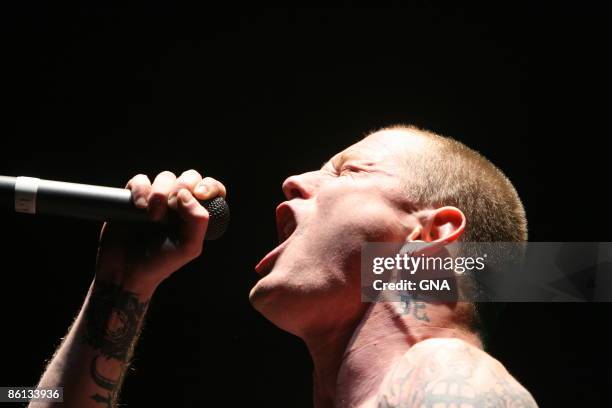 Photo of Corey TAYLOR; Corey Taylor of Stone Sour performs on the Jagermeister Music Tour at Roseland Ballroom in New York City on April 6, 2007