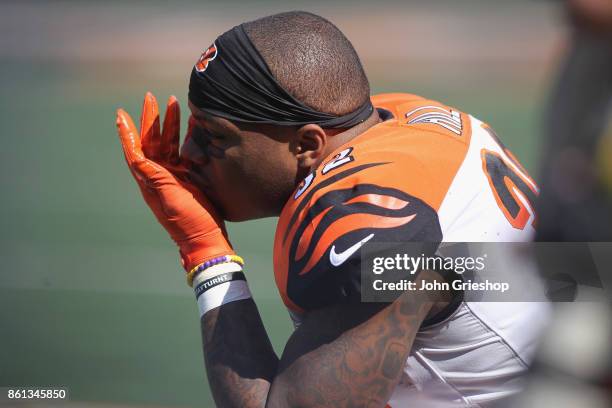 Jeremy Hill of the Cincinnati Bengals waits on the sidelines during the game against the Baltimore Ravens at Paul Brown Stadium on September 10, 2017...