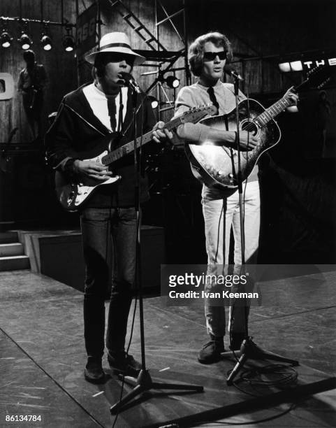 From left, American singers Scott Walker and John Walker of the pop vocal group The Walker Brothers perform the song ' You Don't Have to Tell Me' on...