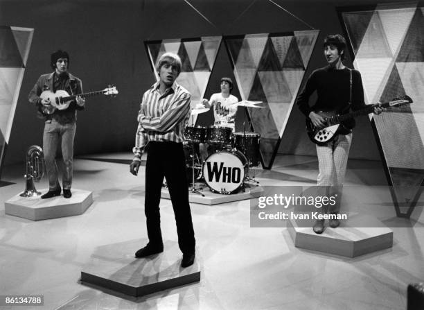 From left, John Entwistle , Roger Daltrey, Keith Moon and Pete Townshend of English rock group The Who during a performance on the set of the BBC...