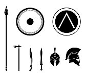 Set of ancient greek spartan weapon and protective equipment.
