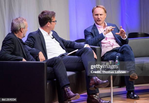 Dan Brown presents his book 'Origin' the 2017 Frankfurt Book Fair on October 14, 2017 in Frankfurt am Main, Germany. The German actor Wolfram Koch...