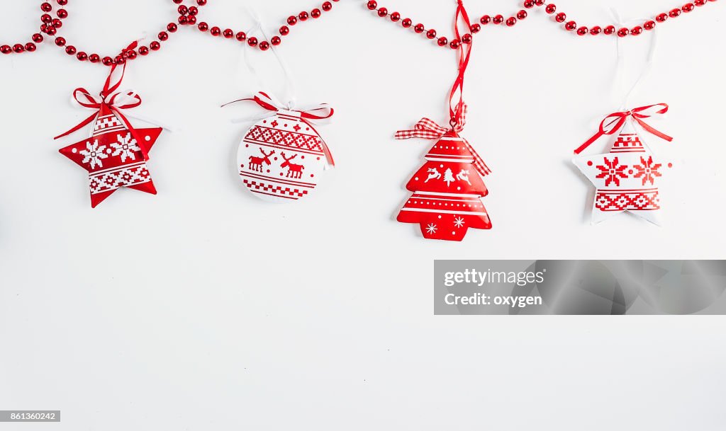 Christmas decoration background. Flat lay, top view