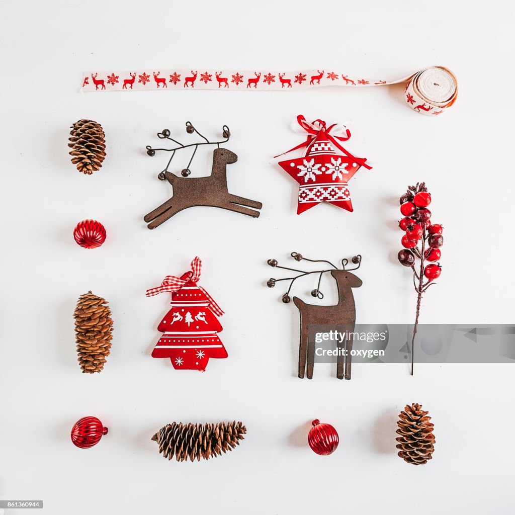 Christmas decoration background. Flat lay, top view