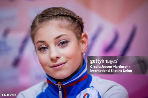 Alena Kostornaia of Russia looks on at the kiss and cry in the Junior Ladies Free Skating during day three of the ISU Junior Grand Prix of Figure...