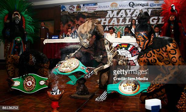 Maya dancers during the boxing press conference of the Mayan Challenge at Xcaret in Hotel JW Marriot on April 21, 2009 in Mexico City, Mexico.