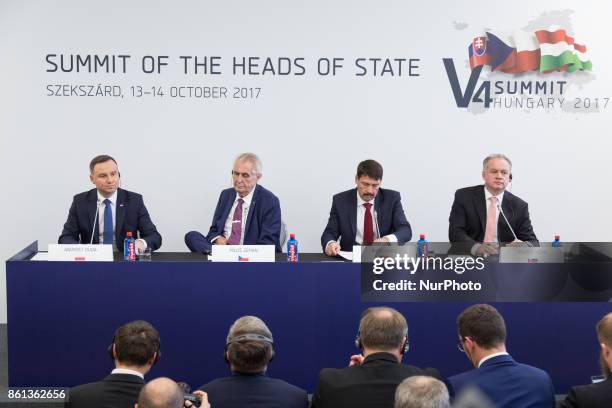 Andrzej Duda of Poland, Milos Zeman of the Czech Republic, Andrej Kiska of Slovakia and Janos Ader of Hungary during a press conference after the...