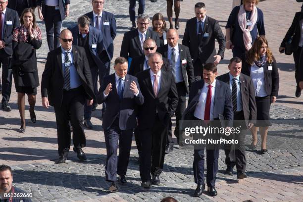 Andrzej Duda of Poland, Milos Zeman of the Czech Republic, Andrej Kiska of Slovakia and Janos Ader of Hungary during their meeting of heads of state...