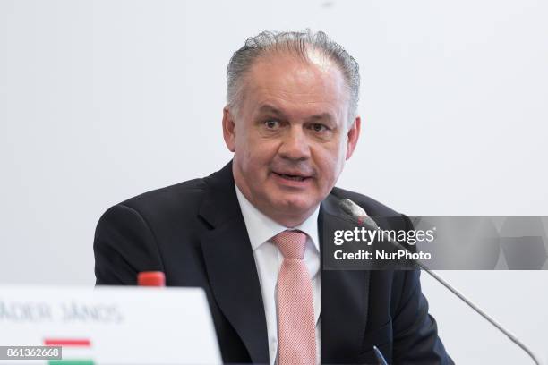 President of Slovakia Andrej Kiska during a press conference after the meeting of heads of state of the Visegrad Group countries in Szekszard,...