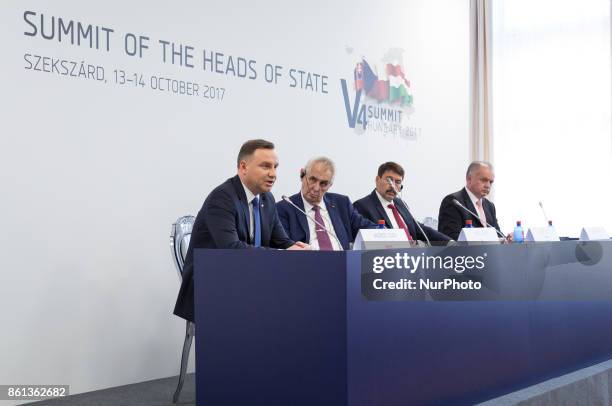 Andrzej Duda of Poland, Milos Zeman of the Czech Republic, Andrej Kiska of Slovakia and Janos Ader of Hungary during a press conference after the...