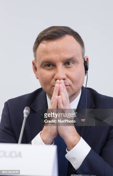 President of Poland Andrzej Duda during a press conference after the meeting of heads of state of the Visegrad Group countries in Szekszard, Hungary...