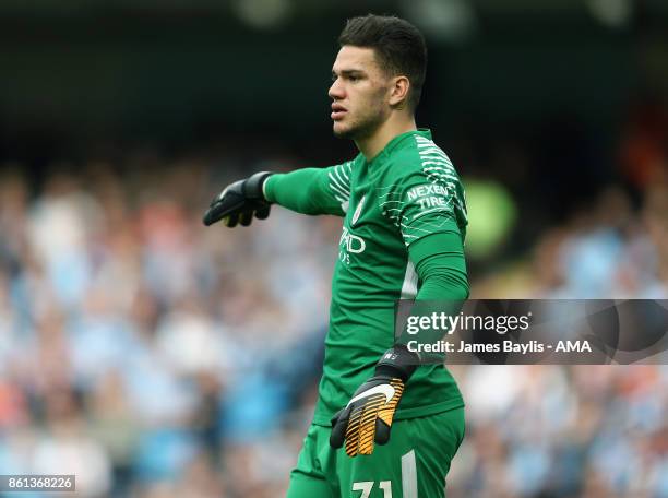 Ederson Moraes of Manchester City during the Premier League match between Manchester City and Stoke City at Etihad Stadium on October 14, 2017 in...