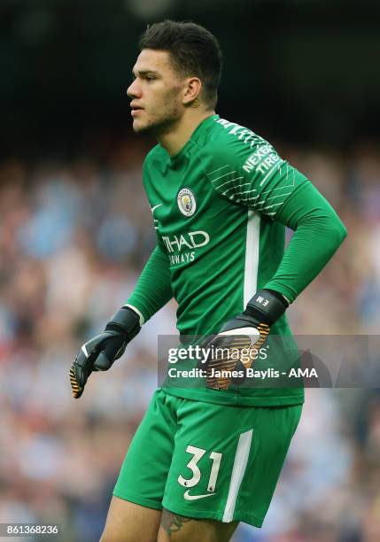 Ederson Moraes of Manchester City during the Premier League match between Manchester City and Stoke City at Etihad Stadium on October 14, 2017 in...