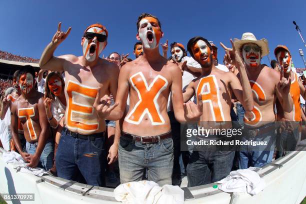 Texas Longhorns fans cheer during the game against the Oklahoma Sooners at Cotton Bowl on October 14, 2017 in Dallas, Texas.