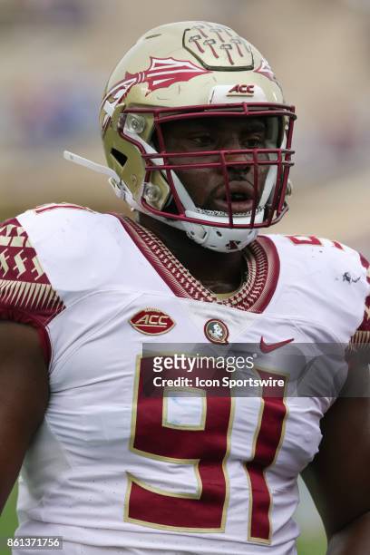 Florida State Seminoles nose guard Derrick Nnadi warms up prior to the game against the Duke Blue Devils on October 14, 2017 at Wallace Wade Stadium...