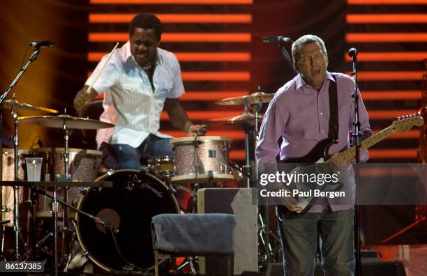 Photo of Steve JORDAN and Eric CLAPTON, L-R: Steve Jordan, Eric Clapton performing live onstage