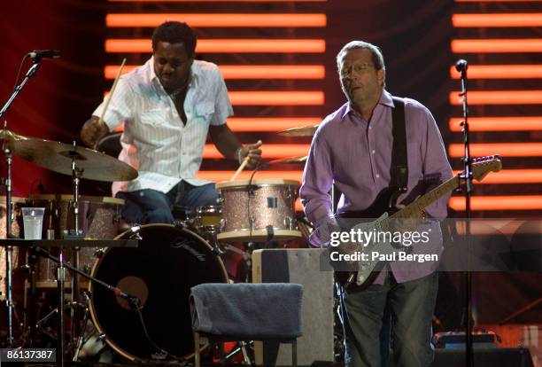 Photo of Steve JORDAN and Eric CLAPTON, L-R: Steve Jordan, Eric Clapton performing live onstage