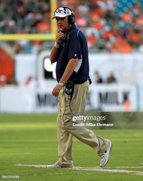 Head coach Paul Johnson of the Georgia Tech Yellow Jackets looks on during a game against the Miami Hurricanes at Sun Life Stadium on October 14,...