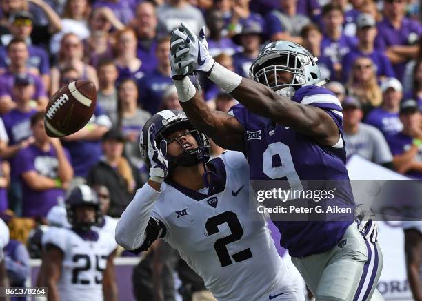 Wide receiver Byron Pringle of the Kansas State Wildcats can't hold on to the pass against defender Niko Small of the TCU Horned Frogs during the...