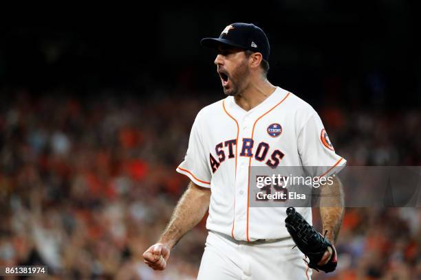 Justin Verlander of the Houston Astros reacts in the ninth inning against the New York Yankees during game two of the American League Championship...