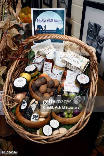 View of the Violet Hill Farm gift basket during Greenmarket Brunch presented by Lifeway Kefir hosted by Geoffrey Zakarian at The Biergarten at The...