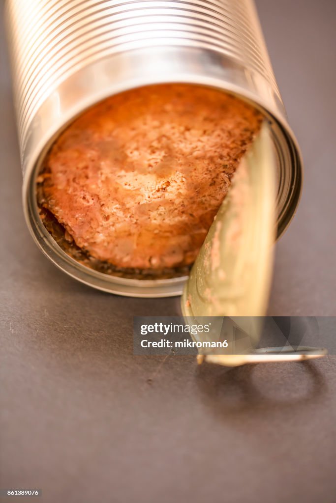 Top view of an opened can of beef dog food