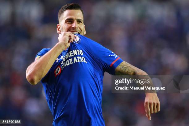 Edgar Mendez of Cruz Azul celebrates after scoring the first goal of his team during the 13th round match between Cruz Azul and America as part of...