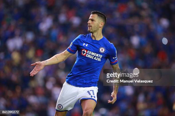 Edgar Mendez of Cruz Azul celebrates after scoring the first goal of his team during the 13th round match between Cruz Azul and America as part of...