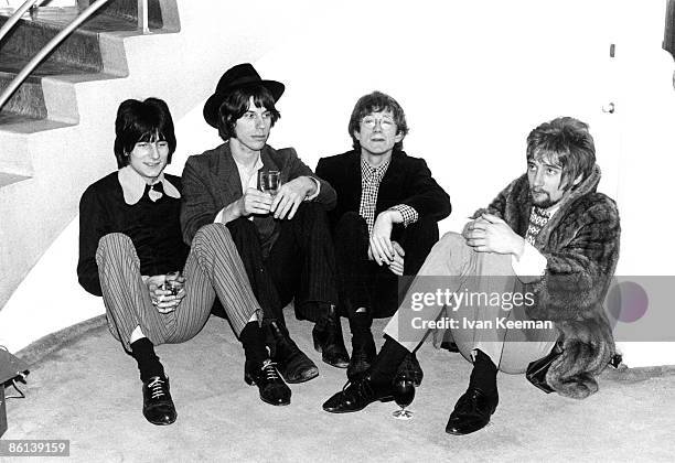 English rock group The Jeff Beck Group posed at BBC Television Centre in London in April 1967. Members of the band are, from left, Ron Wood , Jeff...