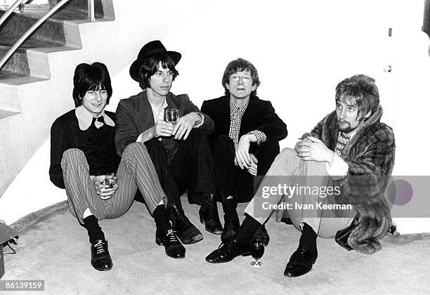 English rock group The Jeff Beck Group posed at BBC Television Centre in London in April 1967. Members of the band are, from left, Ron Wood , Jeff...