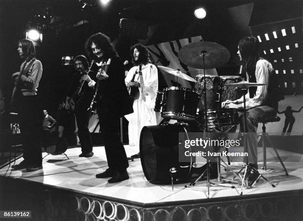 English blues rock group Fleetwood Mac perform the song 'Oh Well' on the set of the BBC Television pop music television show Top Of The Pops at Lime...