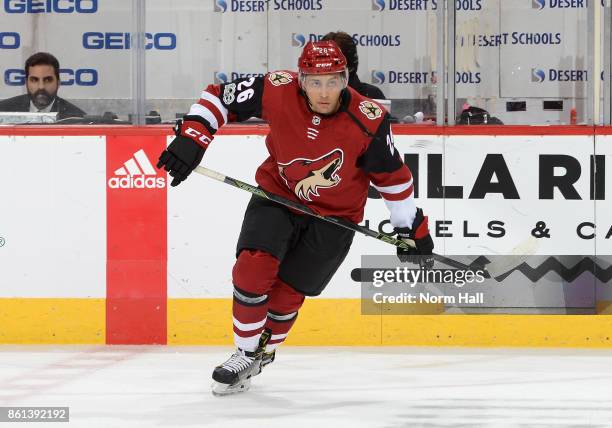 Emerson Etem of the Arizona Coyotes prepares for a game against the Detroit Red Wings at Gila River Arena on October 12, 2017 in Glendale, Arizona.