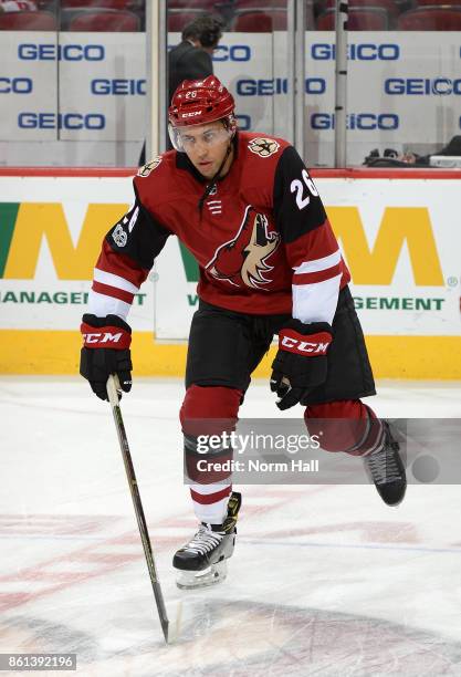 Emerson Etem of the Arizona Coyotes prepares for a game against the Detroit Red Wings at Gila River Arena on October 12, 2017 in Glendale, Arizona.