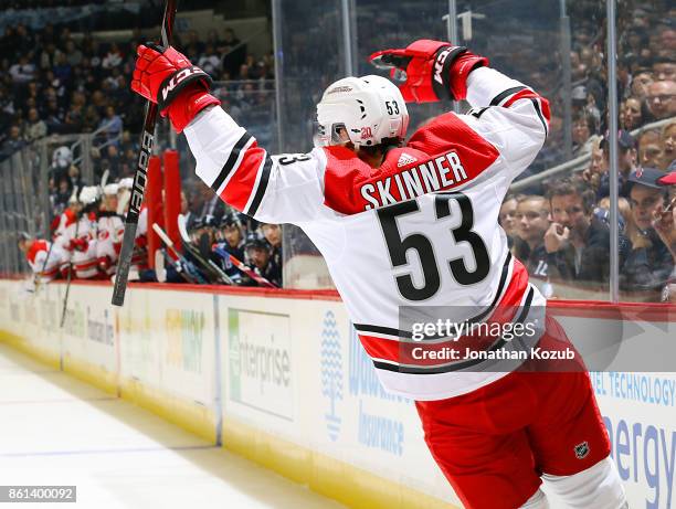 Jeff Skinner of the Carolina Hurricanes celebrates his first period goal against the Winnipeg Jets at the Bell MTS Place on October 14, 2017 in...