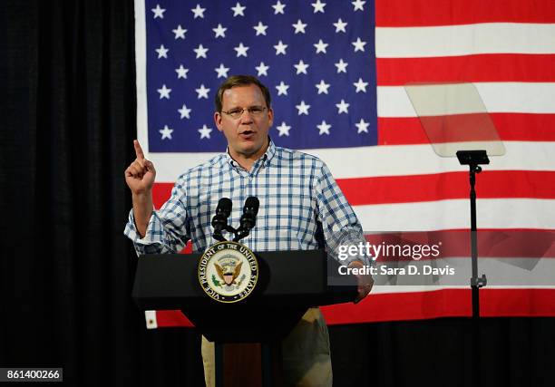 Republican candidate for Virginian attorney general John Adams speaks at a campaign rally at the Washington County Fairgrounds on October 14, 2017 in...