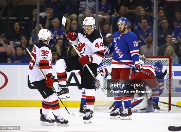 Miles Wood of the New York Rangers celebrates his goal at 16:41 of the second period against the New York Rangers at Madison Square Garden on October...