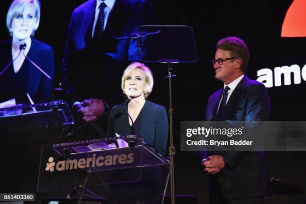 Co-hosts Mika Brzezinski and Joe Scarborough speak onstage during the 2017 Americares Airlift Benefit at Westchester County Airport on October 14,...