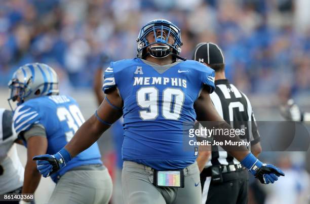 John Tate of the Memphis Tigers celebrates against the Navy Midshipmen on October 14, 2017 at Liberty Bowl Memorial Stadium in Memphis, Tennessee....