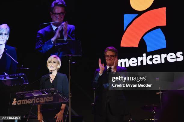 Co-hosts Mika Brzezinski and Joe Scarborough speak onstage during the 2017 Americares Airlift Benefit at Westchester County Airport on October 14,...