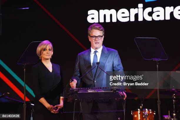 Co-hosts Mika Brzezinski and Joe Scarborough speak onstage during the 2017 Americares Airlift Benefit at Westchester County Airport on October 14,...