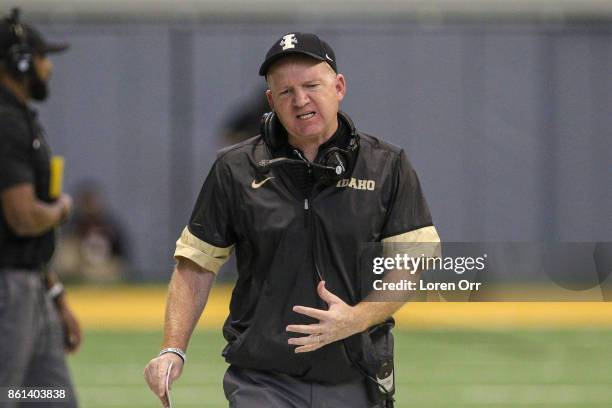 Head coach Paul Petrino of the Idaho Vandals expresses frustration during second half action against the Appalachian State Mountaineers on October...