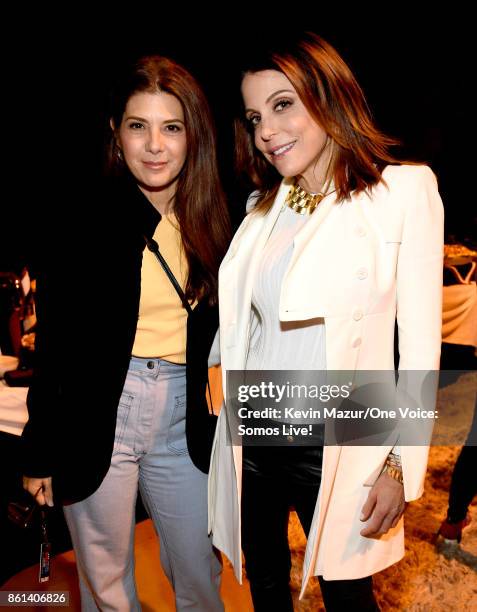 In this handout photo provided by One Voice: Somos Live!, actor Marisa Tomei and tv personality Bethenny Frankel pose backstage during "One Voice:...