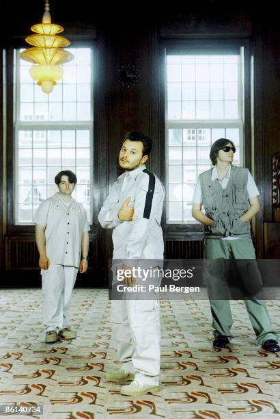 Photo of James Dean BRADFIELD and MANIC STREET PREACHERS and Sean MOORE and Nicky WIRE; L-R: Sean Moore, James Dean Bradfield, Nicky Wire - posed,...