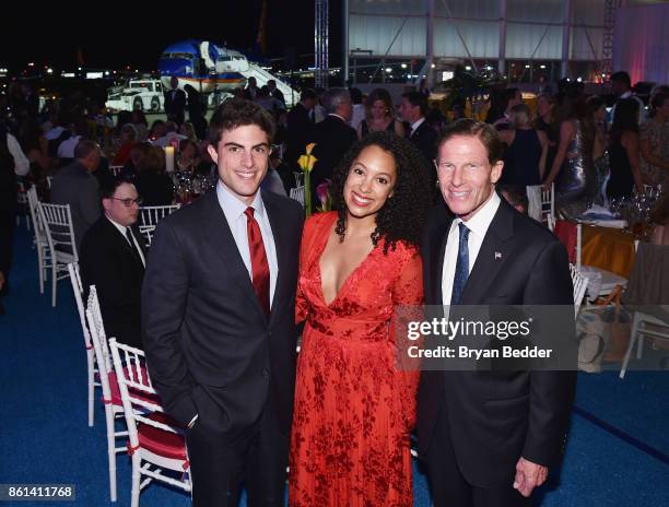 Matthew Blumenthal, Britta Redwood and US Senator Richard Blumenthal attend the 2017 Americares Airlift Benefit at Westchester County Airport on...