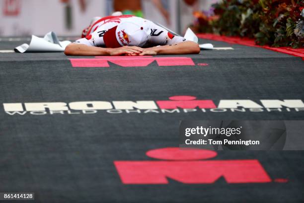 Daniela Ryf of Switzerland celebrates after winning the IRONMAN World Championship on October 14, 2017 in Kailua Kona, Hawaii.