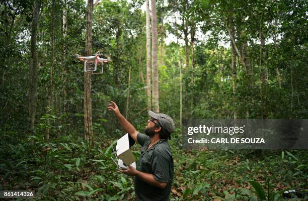 Felipe Spina Avino, World Wildlife Fund forestry conservation analyst uses a drone to map an area of rainforest in the Ituxi reserve in the Western...