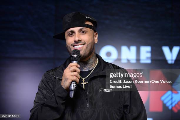 In this handout photo provided by One Voice: Somos Live!, Nicky Jam poses in the pressroom at One Voice: Somos Live! A Concert For Disaster Relief at...