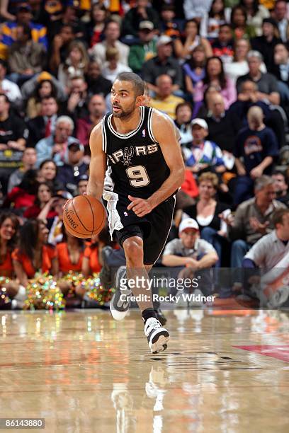 Tony Parker of the San Antonio Spurs moves the ball up court during the game against the Golden State Warriors at Oracle Arena on April 13, 2009 in...