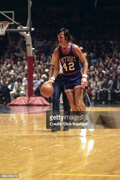 Chris Ford of the Detroit Pistons moves the ball up court against the Boston Celtics during a game played in 1974 at the Boston Garden in Boston,...